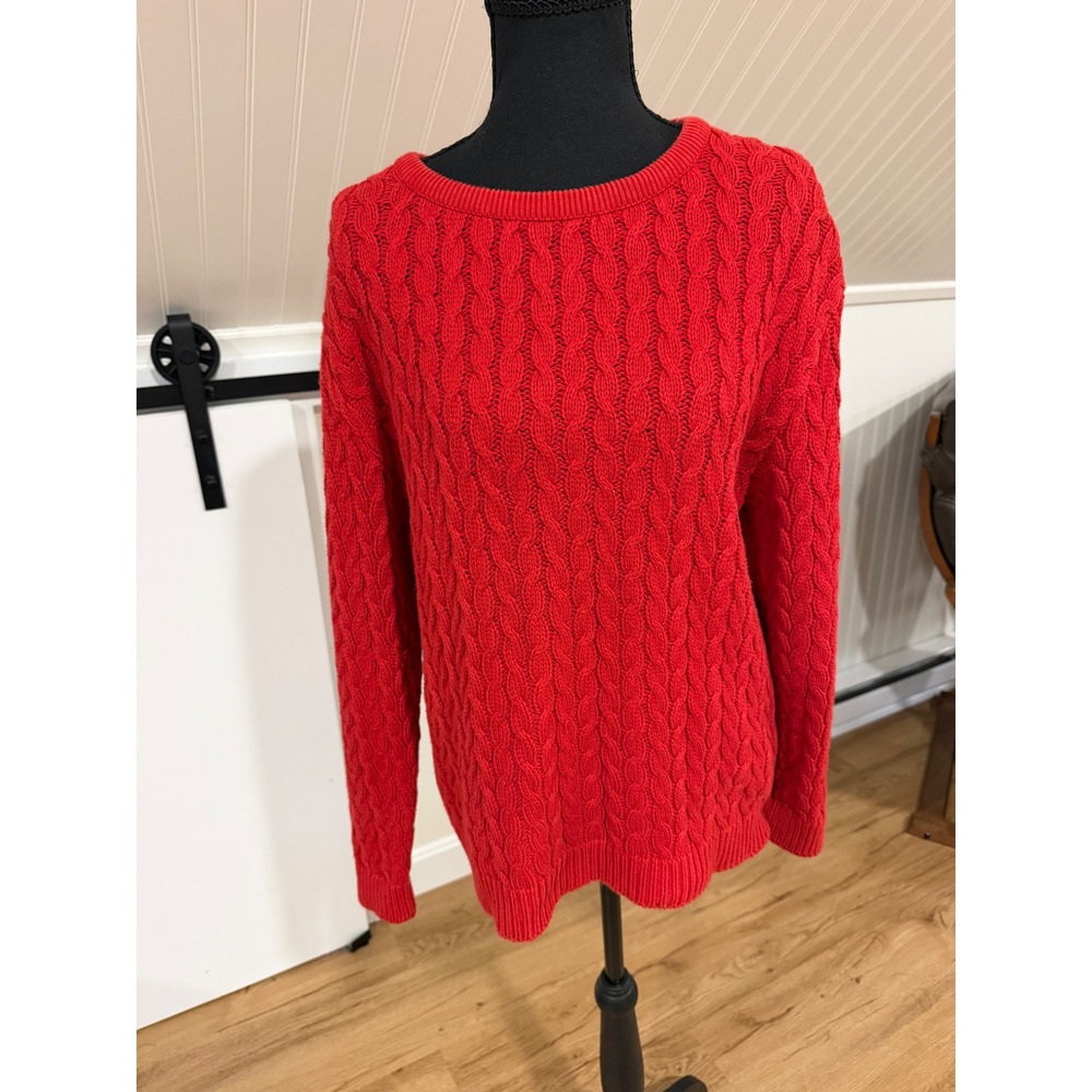 Talbots Women Medium Red Cable Knit Cotton Sweater Crew Neck Classic Coastal